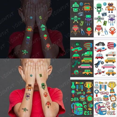 Luminous Waterproof Temporary Tattoo Sticker Kid Traffic Car Deformation Educational Toy Glowing Tatoo Children Fake Tatto Night