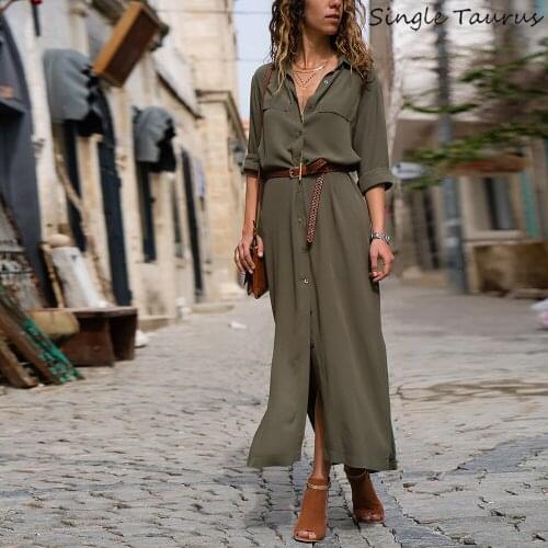 Loose Long Dress for Women Single Breasted Army Green Vintage Dress Mujer Vestidos De Fiesta Irregular Black Sukienki Damskie