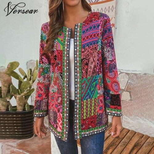 Versear Ethnic Printed Jacket Thin Coats Long Sleeve Blusas Womens Jackets 2020 Casual O Neck Open Stich Overcoats Plus Size