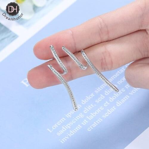 Dreamhonor Wave Line With Zirconia Crystal 925 Sterling Silver Stud Earrings Brincos For Women Gifts Jewelry