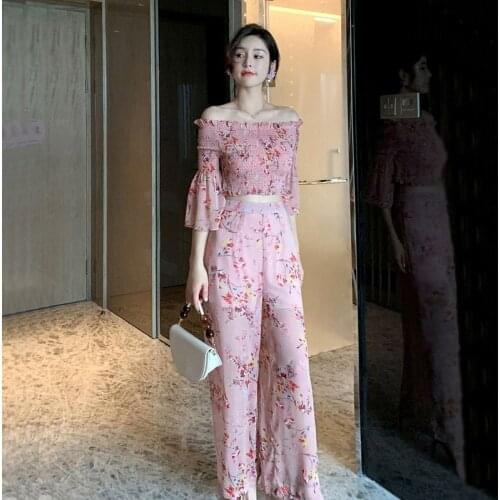 European Fashion Chiffon Pink Suits New Female Sweet Printed Floral One-Shoulder Top + High-Waist Wide-Leg Pants Two-Piece Sets