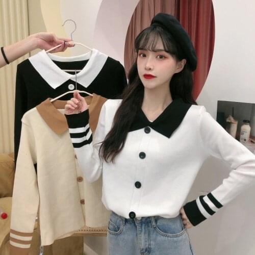 Woman Sweaters Cardigan Autumn Winter Navy Style Contrast Color Polo Collar Long-Sleeved Top Sweaters Cardigan Coat for Women