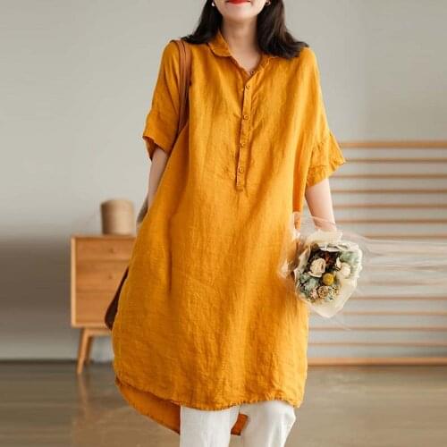 5 Color Solid Women Vintage Cotton Linen Long Shirts Turn-down Collar Short Sleeve Blusas 2021 Summer Loose Casual Blouses Mujer