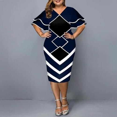 Women Plus Size Bodycon Dress 2021 Elegant Geometric Print Evening Party Dress Layered Bell Sleeve Casual Dresses Club Outfits