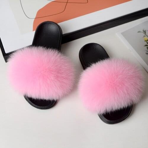 2021 Summer Casual Fluffy Non-Slip Real Fox Fur Furry Slides Large Size Shoes Fur Sandals