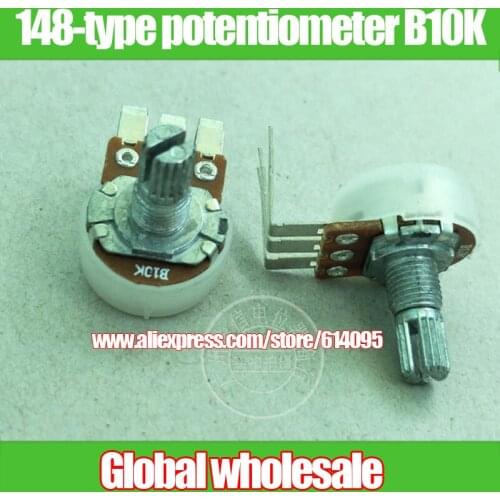 5pcs 148-type single rotary potentiometer B10K large curved foot / handle length 15MM / knurled shaft with midpoint