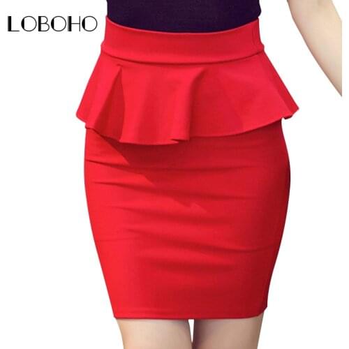 Plus Size Women Pencil Skirts Ruffles 2018 Spring Fashion Korean Casual Ladies Bodycon Skirts Elegant Open Slit Skirts Red Black