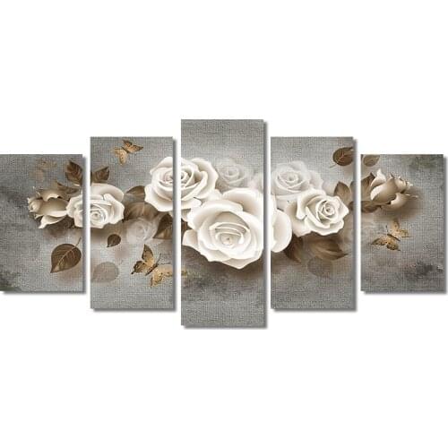 5Plane Abstract White Flower Canvas Painting Combined Abstract Flowers Posters and Prints Wall Art Picture For Living Room