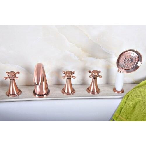 Antique Red Copper Brass Widespread Three Handles Deck Mounted 5 Holes Bathroom Tub Faucet Mixer Tap With Handshower mtf198