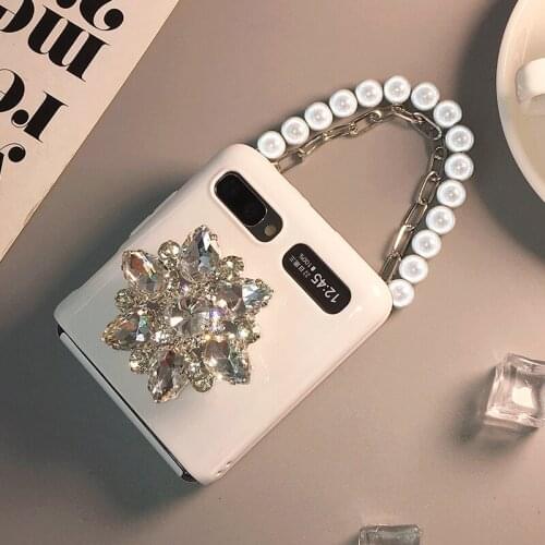 Bling Diamond Bracket Case For Samsung Galaxy Z Flip 3 Pearl Hand Chain Protective Back Shell Cover For Galaxy Z Flip 5G