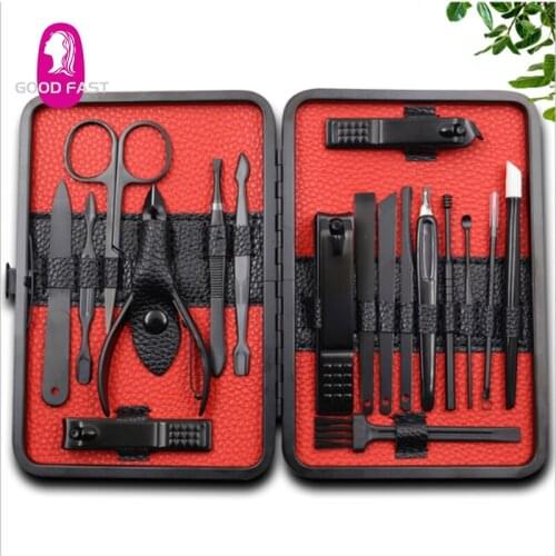 18 PCS Black Professional Stainless Steel Nail Clipper Manicure Set Travel Hygiene Kit Plier Trimmer Pedicure Nail Tool