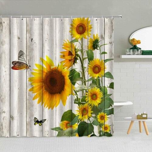 Creative Wooden Background Flower Sunflower Shower Curtain Waterproof Polyester Fabric High Quality With Hooks Bath Screen Decor