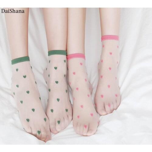 Summer New Fashion Ladies Korean Heart Love Tull Glass Silk Socks Womens Lace Transparent Thin Mesh Colorful Nylon Sheer Socks