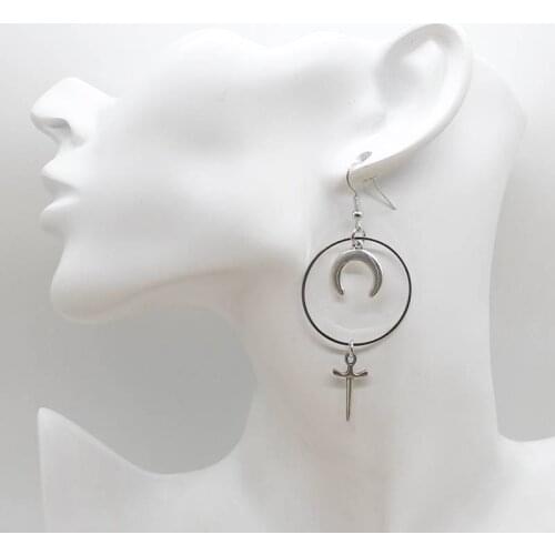 Moon earrings, sword pendant earrings, gothic jewelry, witch tarot dagger earrings, crescent earrings, mysterious ladies gift je