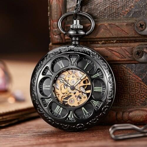 Luminous Flower Mechanical Vintage Hollow Skeleton Pocket Watch Black Round Dial Antique Pendant Clock Retro Gifts Men Women
