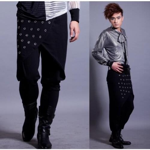 Stage personality men pants harem pant men feet trousers singer dance rock fashion pantalon homme street star style black