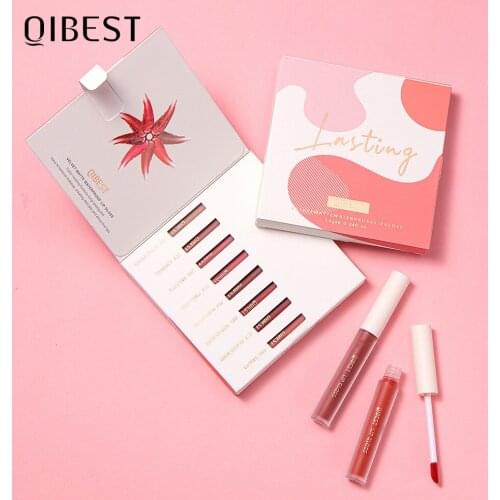 QIBEST 8 Colors Velvet Matte Liquid Lipstick Set Lipgloss Pigment Cream Nonstick Cup Lip Gloss Easy To Color Makeup Cosmetics