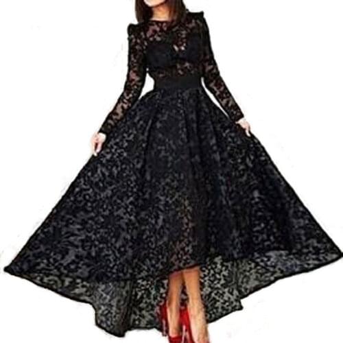 New arrival Evening Dresses Formal vestido de noiva sereia prom party gown long dress black lace full sleeves O-neck high-low