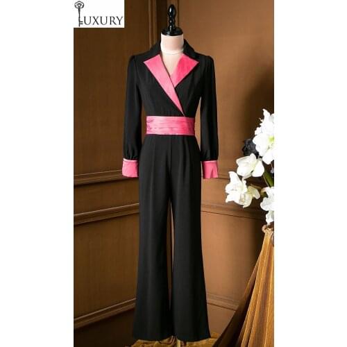 Autumn 2020 & Rompers Fashion Designer Women Notched Collar Pink Black Color Block Patchwork Long Sleeve Jumpsuits