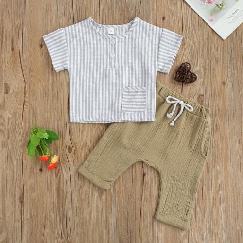 0-3Y Summer Casual Toddler Baby Boys Outfits Suit Striped Button T Shirts Tops+Cotton Linen Elastic Pants 2Pcs Infant Baby Sets