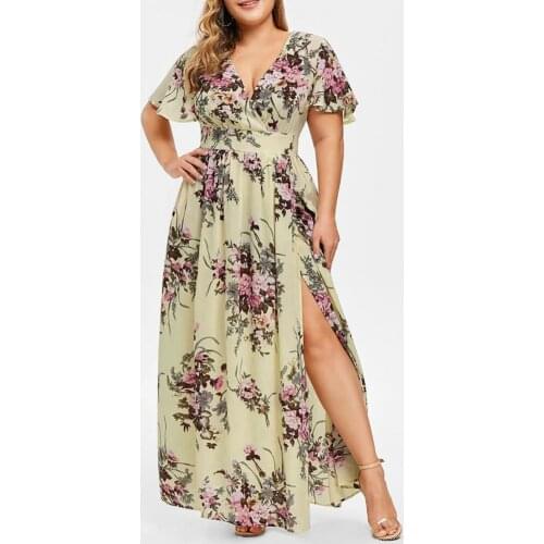 Plus Size Dresses Large Sizes Maxi Summer Sundress 2021 Floral Short Sleeve Chiffon Tunics For Party 5XL Dress With Slit On Side
