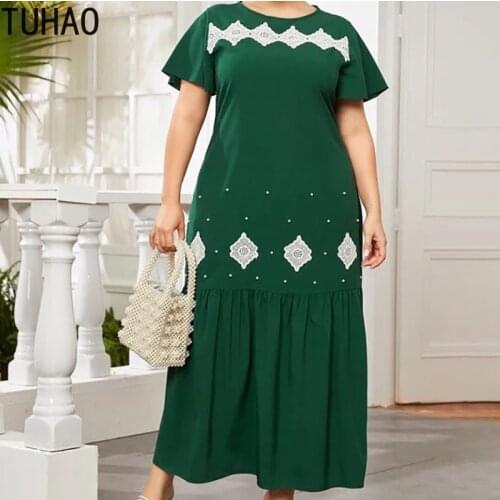 TUHAO Woman Dress Plus Size 8XL 6XL 4XL 2XL Green Color Mother Mom Long Dresses Female Vintage Casual Summer Dess Clothing