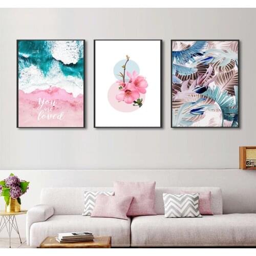 Pink Sakura Flower Pink Beach Wall Art Poster Nordic Botanical Floral Print Scandinavian Canvas Painting Art Painting Picture