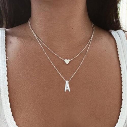 Sasusp Heart and Initial Double layer Pendant Necklace Personalize Letter A-Z Long Chain Necklace Women