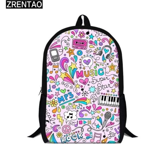 ZRENTAO teenager school backpack 3D musical print polyester mochilas double zipper shoulder bags polyester rugzak travel bags