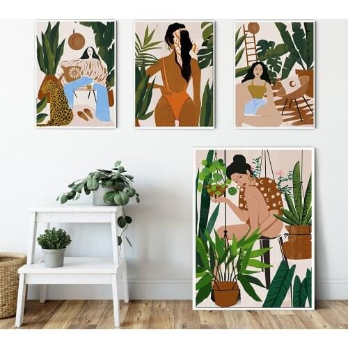 Tropical Botanical Black Woman Portrait Canvas Painting Boho Lady Plants House Leopard Prints Wall Art Girl Room Decor Poster