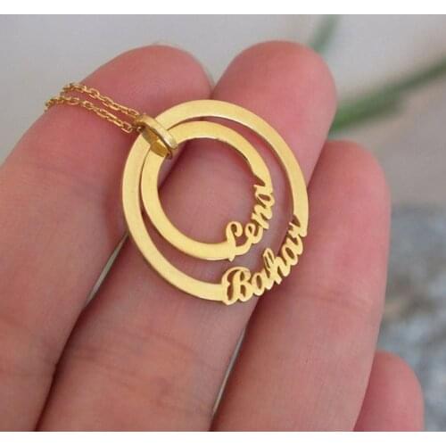 Custom jewelry Gold Color Engraved Double Name Necklace Female Double Circles Necklaces Collares Custom Name Collar Mujer BFF