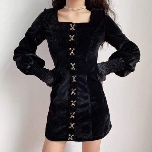 Women Single-breasted Butterfly Long Sleeve Square Neck Sexy Vintage Bodycon Mini Dress Gothic Black Velvet Slim Party Dresses