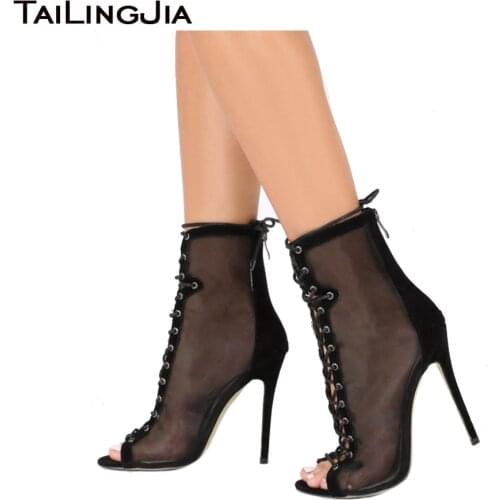 Sexy High Heel Mesh Shoes for Women Peep Toe Ankle Boots Black 2021 Ladies Summer Booties Grey Lace up Heels Large Size Footwear