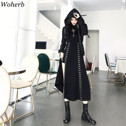 Woherb Gothic Style Two Piece Set Women 2021 Black Suit Crop Sweatshirt + Sleeveless Tank Dress Female Harajuku Tracksuit 21648