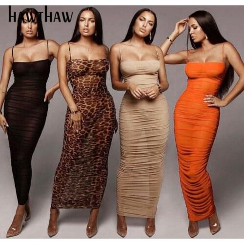 Hawthaw Women Fashion Summer Sleeveless Bodycon Mesh See Through Soild Color Long Dress Sundress 2021 Female Clothing Streetwear