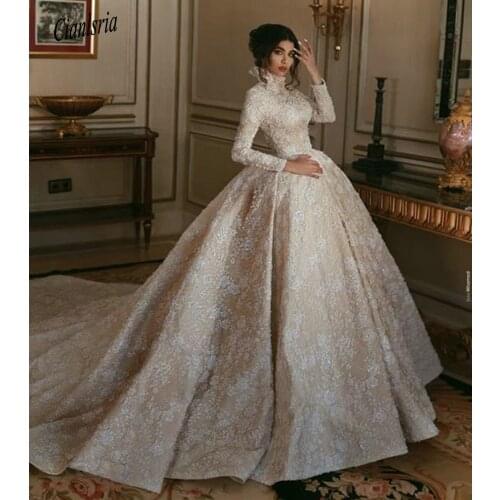 Champagne High Neck Long Sleeve Muslim Dubai Saudi Arabic Ball Gown Wedding Dress Romantic Floral Appliques Lace Bridal Gown