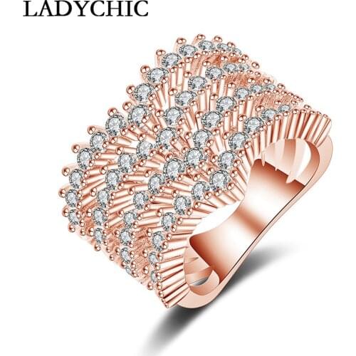 LADYCHIC 2018 Luxury Women Rose/White Gold Color Ring with 60 Pieces AAA Cubic Zirconia Multi-layer Design Ring Jewelry LR1055