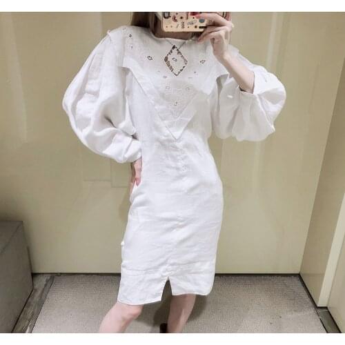 Women Dress 2021 Early Autumn Retro Round Neck White Mid-length Skirt Commuter Long-sleeved Dress