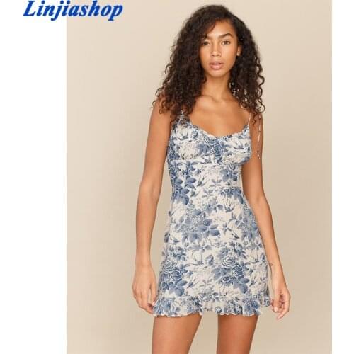 Vintage Big Floral Print Blue Chiffon Vestidos Elegant Adjust Spaghetti Straps Women Summer Dress