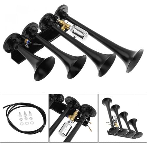 12V / 24V 185dB Super Loud Four Trumpet Chrome Auto Car Air Horn Set for Car Vehicle Truck Train Boat Yacht Bike SUV