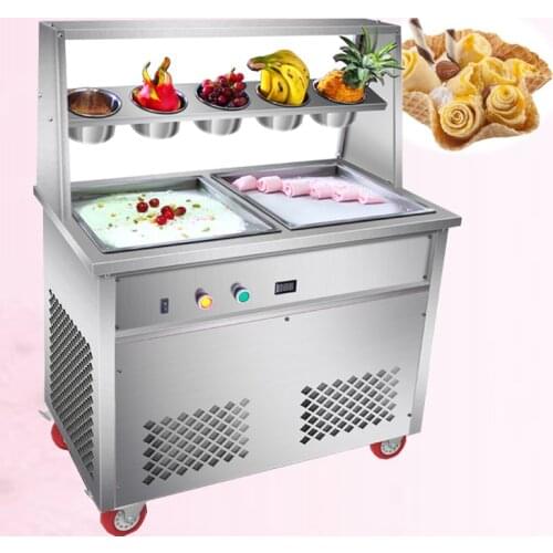1800W Fried Ice Cream Machine Double Pan With 5 Bowl Thailand Yogurt Ice Cream Roll Machine