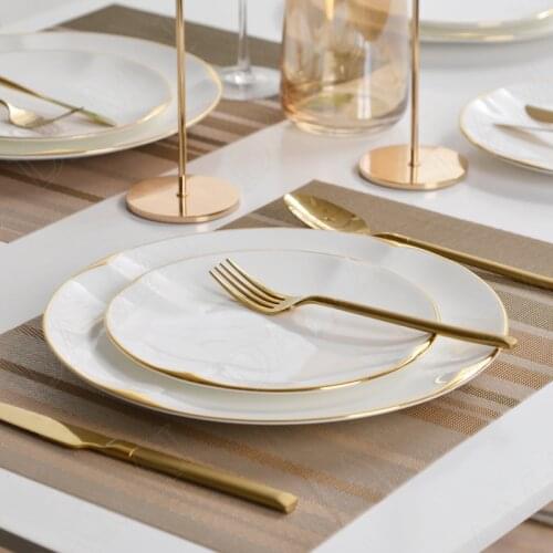 White Ceramic Plates Golden Stroke Decorative Porcelain Dinner Plate Dinner Steak Pasta Dishes Hotel Restaurant Serving Tray