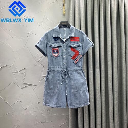 Denim Overalls Women Short Sleeve Lapel Fashion Sequin embroidery High Waist Denim Jumpsuit Female Summer Wide leg Short Pants