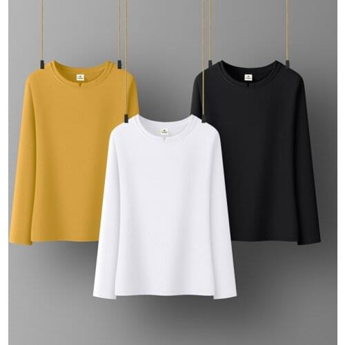 Cotton Women T-shirt O-neck Long Sleeve women shirt All match Lady Top Black White Gray Yellow Shir