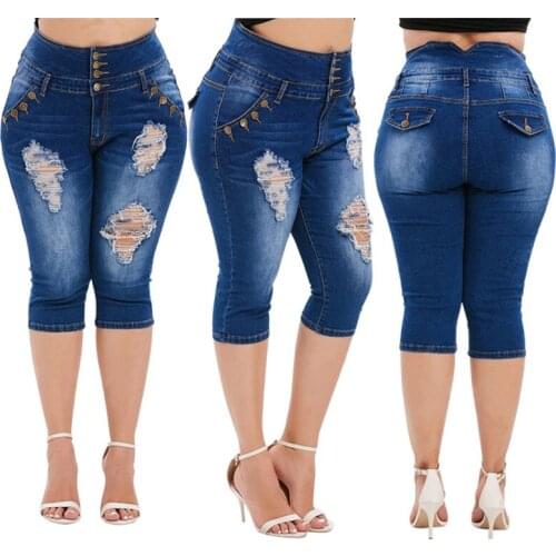 2021 hot sale summer woman ripped jeans high waist skinny denim jeans knee length pants plus size clothing L-5XL new arrival