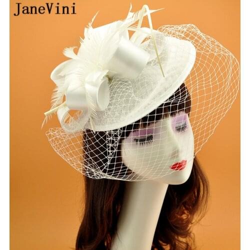 JaneVini Elegant Wedding White Hat Women Fascinators Birdcage Veil Big Bridal Hats Feather Ladies Headwear Wedding Accessories