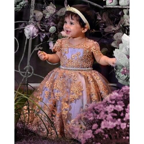 Lovely Pearls Lace Ball Gown Flower Girls Dresses For Wedding Appliques Birthday Gowns Floor Length Tulle First Birthday Dress