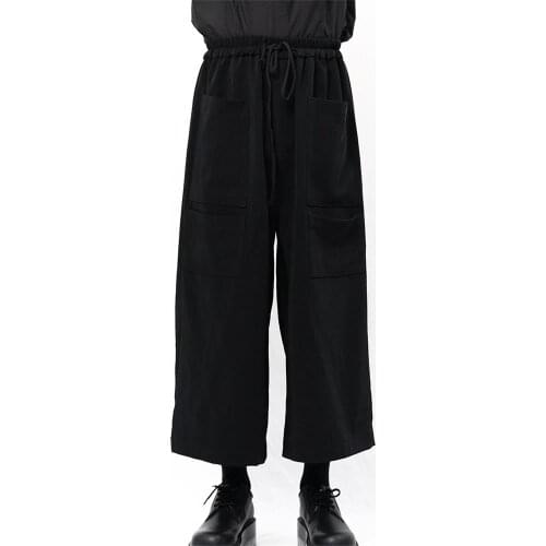 Yamamoto Style Mens casual pants wide leg pants Elastic Waist Skirt Black Multi Pocket flared pants