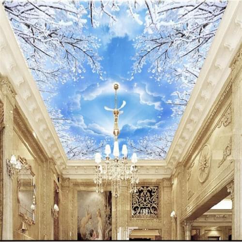 Customize high quality 3D wall paper for ceiling Blue sky and white pigeons 3D ceiling murals wallpapers for living room