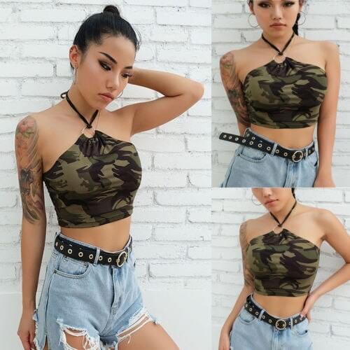 New Summer Womens Sleeveless Bustier Sexy Camouflage Sling Vest Casual Tank Tops